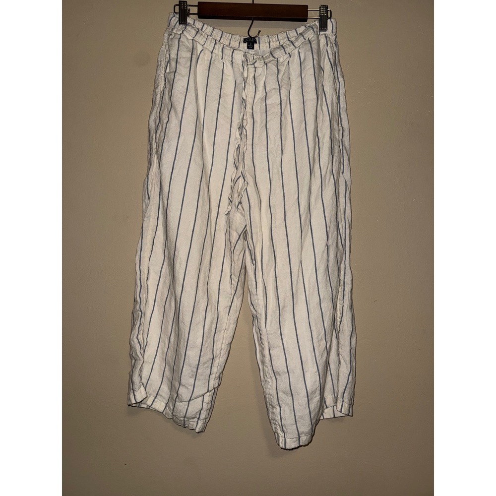 J.Crew Soleil Pant whiteblue stripe linen wide leg draw string CK022 M Lagenlook